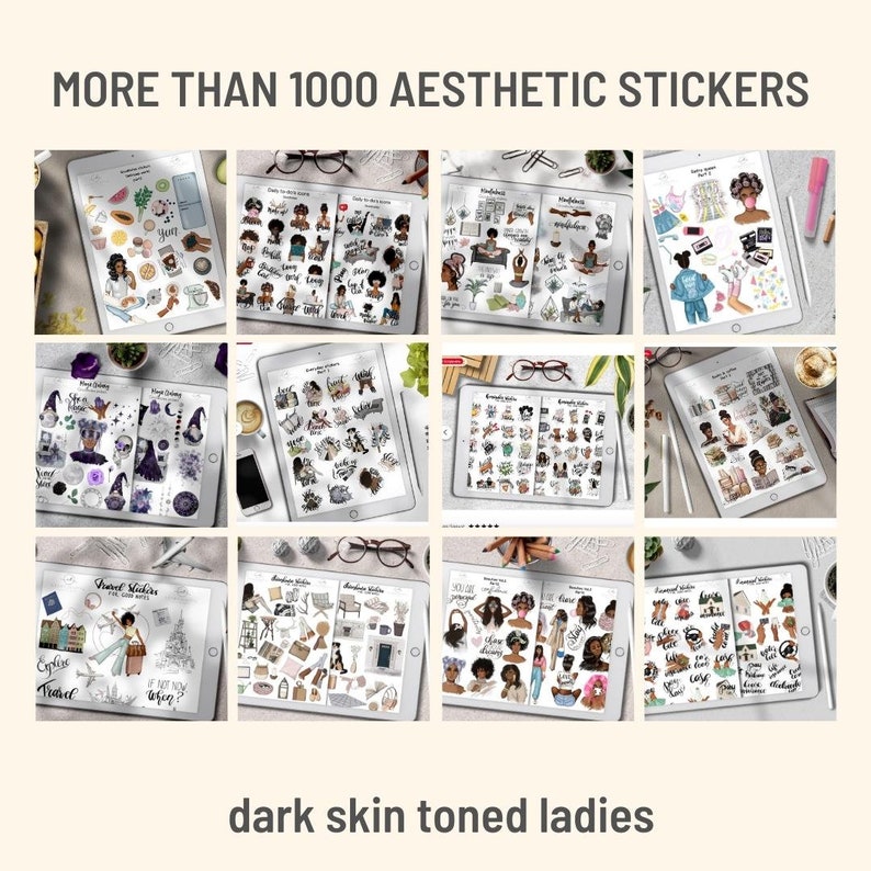 May include: A digital tablet screen displaying a collection of over 1000 aesthetic stickers featuring dark-skinned women. The stickers are organized into categories and include various designs, such as women with different hairstyles, clothing, and accessories. The text "MORE THAN 1000 AESTHETIC STICKERS" is displayed at the top of the image.