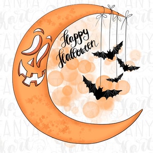 Happy Halloween Moon Png Sublimation Design, Printable Design Png Digital Download, Black Bat Image Png