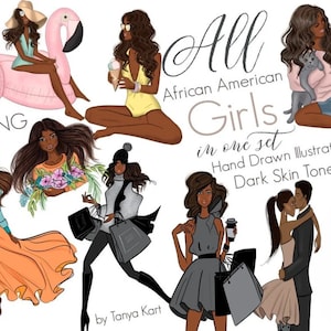 May include: A set of 12 digital illustrations featuring African American women in various poses and outfits. The illustrations are hand-drawn and have a dark skin tone. The text "All African American Girls in one set" is included in the image.