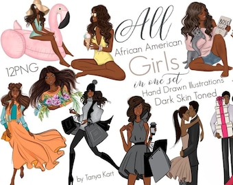 May include: A set of 12 digital illustrations featuring African American women in various poses and outfits. The illustrations are hand-drawn and have a dark skin tone. The text "All African American Girls in one set" is included in the image.