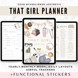 May include: A digital planner with a pink and white color scheme. The planner features a cat, a cactus, a cup of coffee, a croissant, a stack of books, a pair of glasses, and headphones. The planner has a title that says "That Girl Planner". The planner includes a goal setting section, an index, and a variety of trackers.