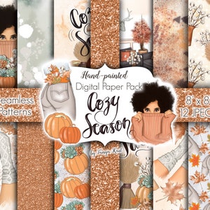 Padrões de Outono, Papel Digital de Outono, Suprimentos para Planejador, Outono Sem Costura, Projeto de Planejador Faça Você Mesmo, Afro-americano, Moda de Outono, Papel de Abóboras