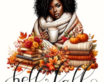 Hello Fall PNG, Autumn Black Girl, Digital Print for Card Making and Tshirt Design,Fall Vibes Transparent Design, Pumpkin Season Sublimation