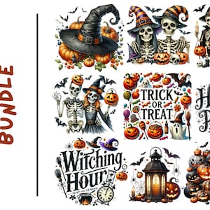 May include: A Halloween Mini Bundle featuring various spooky illustrations. The images include skeletons, pumpkins, witch hats, bats, and the phrases "Trick or Treat", "Hocus Pocus", and "Witching Hour". The color palette is primarily orange, black, and white.