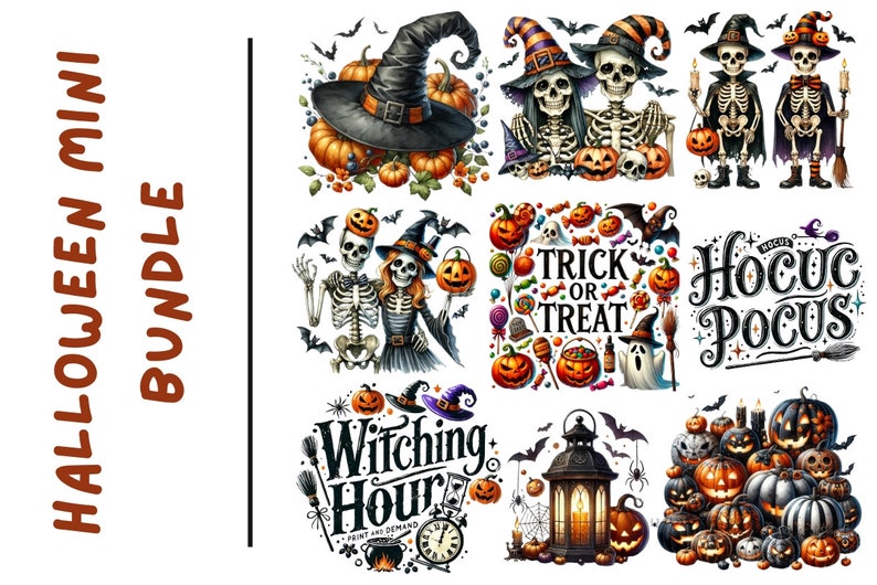 May include: A Halloween Mini Bundle featuring various spooky illustrations. The images include skeletons, pumpkins, witch hats, bats, and the phrases "Trick or Treat", "Hocus Pocus", and "Witching Hour". The color palette is primarily orange, black, and white.