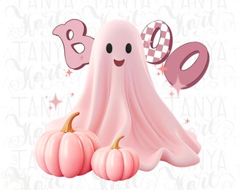 Cute Funny Pink Halloween Ghost Png Design | Retro Ghost Face with Boo Letters for Sublimation, Stickers | Spooky Graphic Illustration