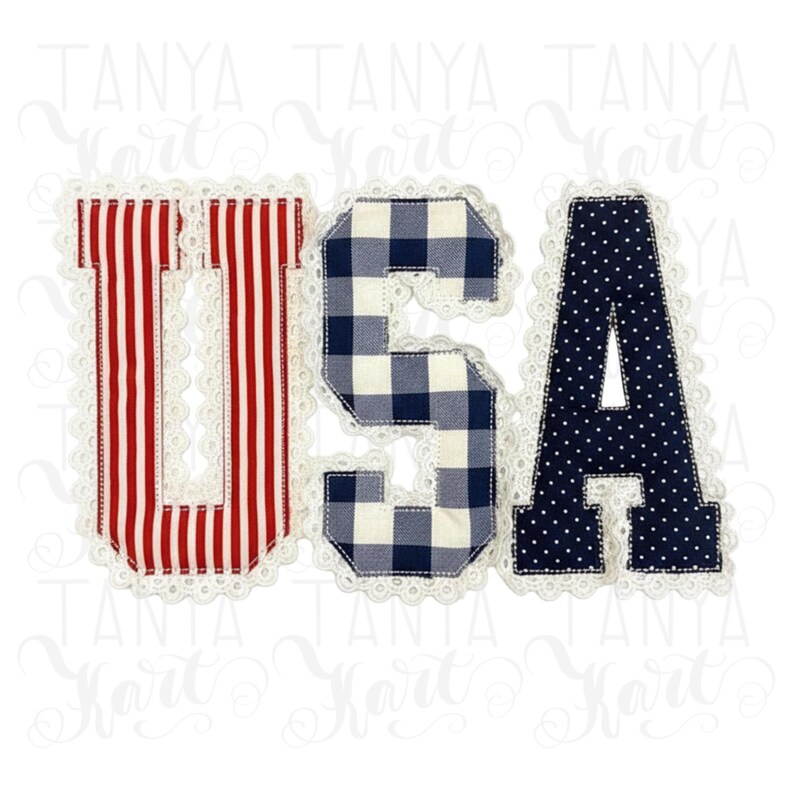 May include: The word "USA" in a patriotic design. The "U" is red and white striped, the "S" is blue and white gingham, and the "A" is navy blue with white polka dots. Each letter is outlined with white lace.