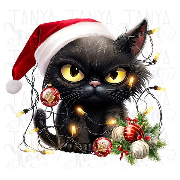 Cute Christmas Cat with Santa Hat & Christmas Lights Png Design for Holiday Sublimation, Planner Stickers, Cat Lovers Gift, Printable Design