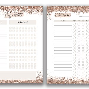 May include: Printable daily habit tracker and checklist with a rose gold glitter background. The tracker has a section for daily habits and a checklist section. The checklist has 10 rows of 7 boxes each. The tracker has a section for weekly habits with a column for each day of the week. The tracker has a section for notes.