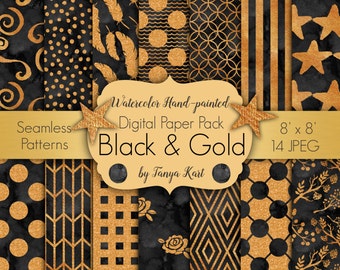Black And Gold, Digital Paper Pack, Graphics Stickers, Glitter Gold, Abstract Art Design, Glitter Illustration, Watercolor Patterns
