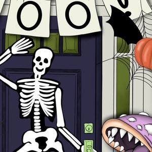 May include: A smiling skeleton with a raised arm stands in front of a purple door with a sign that says "BOO" hanging above. A green plant with a large mouth is on the right side of the image.