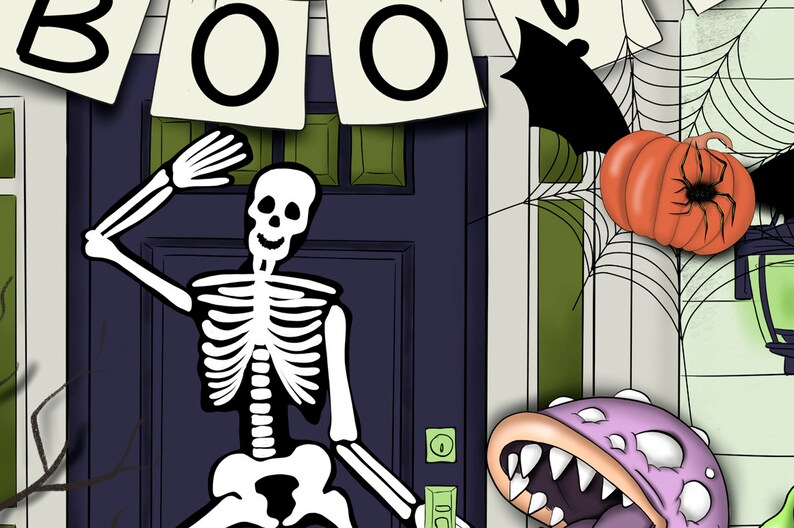 May include: A smiling skeleton with a raised arm stands in front of a purple door with a sign that says "BOO" hanging above. A green plant with a large mouth is on the right side of the image.