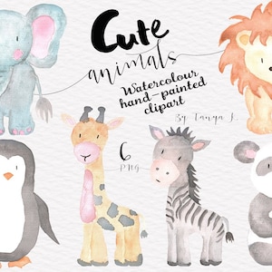 Cute Animals Watercolor Clipart Set - Safari Animal Graphics for Nursery Decor, Hand Drawn Lion, Elephant, Panda Png Instant Download