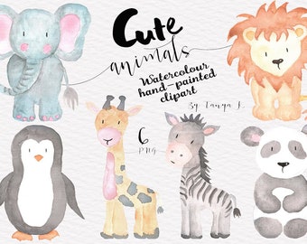 Cute Animals Watercolor Clipart Set - Safari Animal Graphics for Nursery Decor, Hand Drawn Lion, Elephant, Panda Png Instant Download
