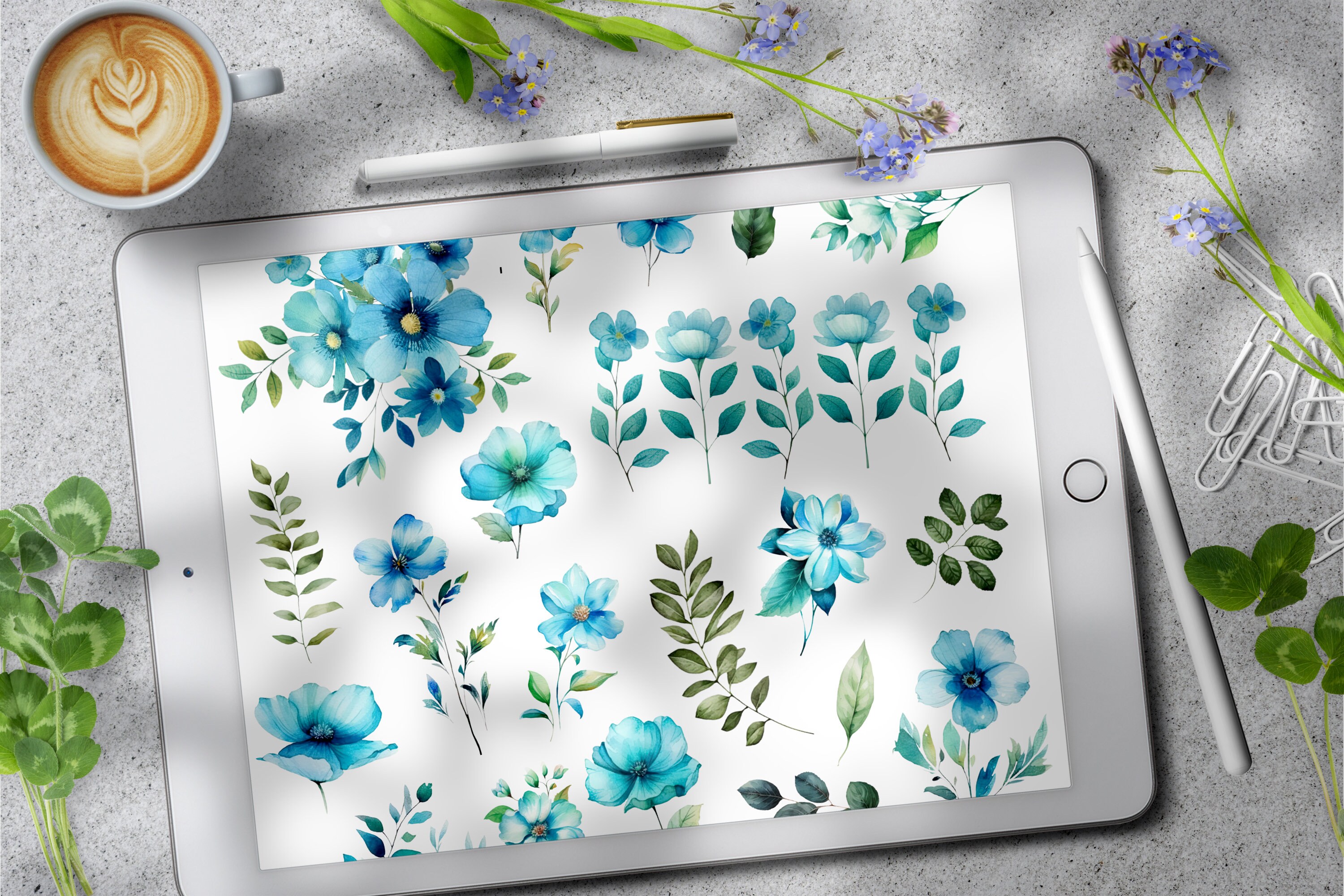 Turquoise Flowers Digital Stickers, Floral Stickers, Meadow Flowers ...