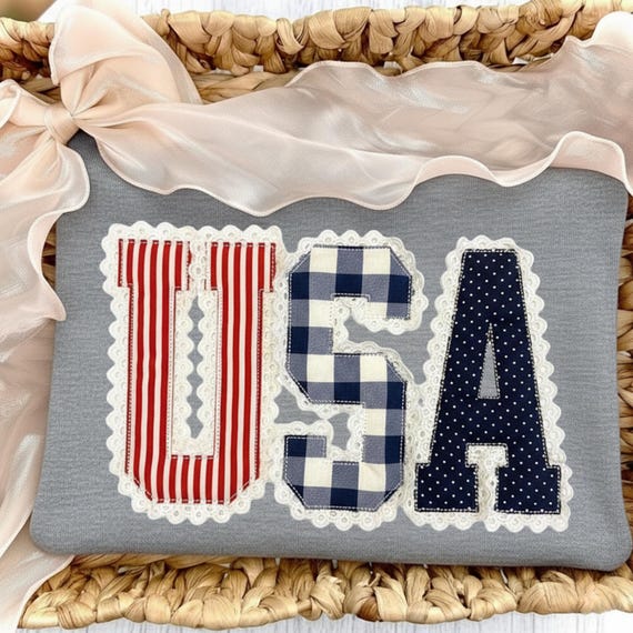 USA Patchwork PNG | 4th of July Sublimation Design | Red White Blue Varsity Letters | Vintage Americana Clipart |Faux Embroidery PNG |300DPI