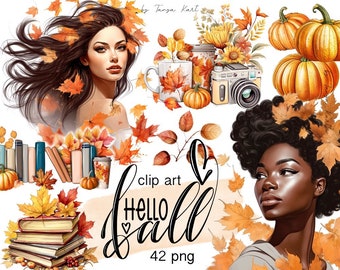 May include: Digital clip art set featuring illustrations of autumn leaves, pumpkins, a woman with long brown hair, a woman with curly black hair, books, a mug, and a camera. The text "Hello Fall" is written in black cursive with a heart symbol. The text "42 png" is written in black below the text "Hello Fall".