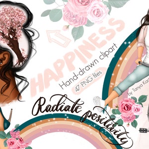 Paquete de imágenes prediseñadas de cosas felices, citas de felicidad y atención plena, cuidado personal mental, planificador floral y arcoíris para uso comercial
