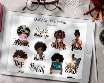 Goodnotes Stickers, Dark Skin Toned, Daily To Do's, Goodnotes 5 Planner, iPad Planner, Digital Planner, Planner Stickers, Afro Icons