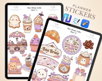 Halloween Coffee Digital Stickers | Boo Brew Cafe Planner Stickers | Cute Ghost PNGs | GoodNotes Noteful Notability