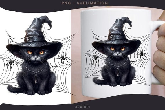 ハロウィンの黒猫魔女 PNG：蜘蛛の巣デザイン（デジタルダウンロード