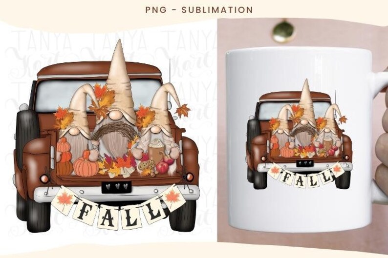 May include: A white mug featuring a brown truck filled with fall gnomes, pumpkins, and autumn leaves. The truck bed has a banner that reads "FALL". The design includes a PNG - Sublimation graphic.