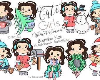 Winter Clipart Bundle, Little Girl, Brunette Baby Girl, Christmas Graphics for Digital Scrapbooking & Planner Stickers, Handdrawn Graphics