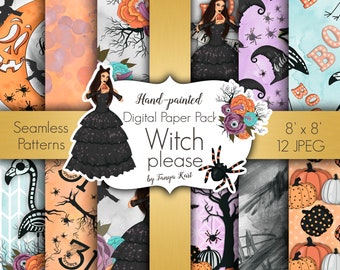 Witch Halloween Digital Paper Pack, Fall Planner Paper Pack, Halloween Pattern for Commercial Use, Autumn Digital Scrapbook Paper