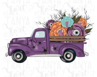 Fall Truck Illustration - October Autumn Purple Truck - Commercial Use - Thanksgiving Sublimation Design - Happy Halloween