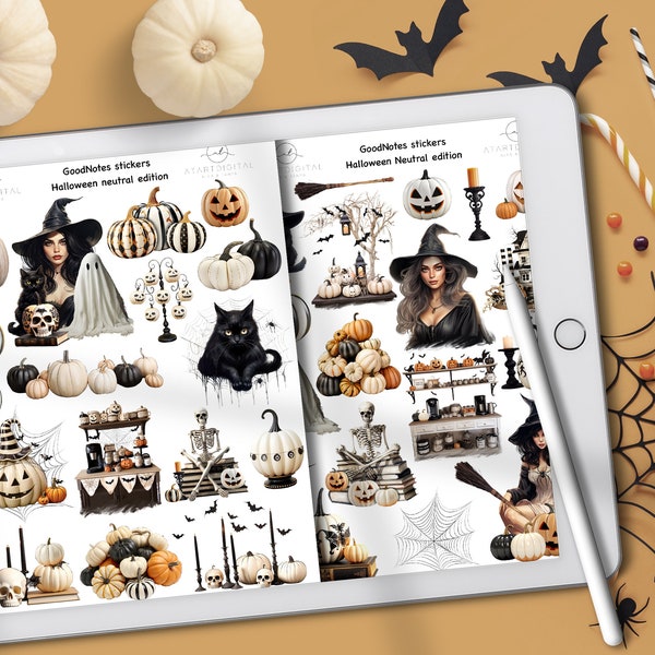 Digital Halloween Planner Stickers - GoodNotes Sticker Kit, Neutral Style Stickers, Autumn Theme, Planning Download, Witch Icons
