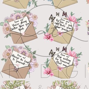 K&ouml;nnte beinhalten: Ein Satz von sechs digitalen druckbaren Bildern mit motivierenden Zitaten, die auf Papier in Umschl&auml;ge geschrieben sind, die mit Blumen und Schmetterlingen verziert sind. Die Zitate lauten: "Liebe ich! Mach weiter. Egal was die Leute sagen." "Liebe ich! Du machst es besser, als du denkst." "Liebe ich! Finde einen Grund, jeden Tag zu l&auml;cheln." "Liebe du! Niemand ist du und das ist deine Kraft." "Liebe ich! Sei immer nett zu dir selbst." "Liebe ich! H&ouml;r auf, auf morgen zu warten. Fang jetzt an." "Liebe ich! Gib dir Zeit zu bl&uuml;hen." "Liebe ich! Gib dir Zeit zu wachsen."