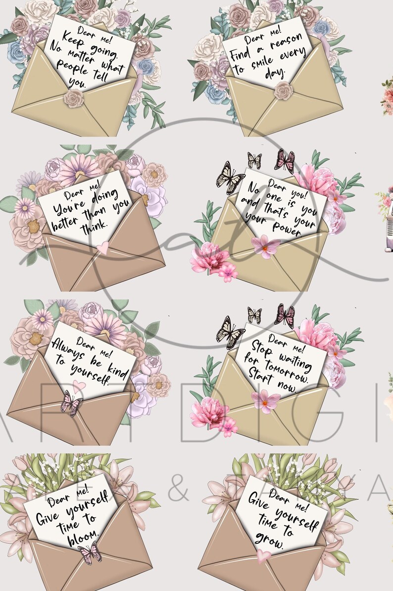 K&ouml;nnte beinhalten: Ein Satz von sechs digitalen druckbaren Bildern mit motivierenden Zitaten, die auf Papier in Umschl&auml;ge geschrieben sind, die mit Blumen und Schmetterlingen verziert sind. Die Zitate lauten: "Liebe ich! Mach weiter. Egal was die Leute sagen." "Liebe ich! Du machst es besser, als du denkst." "Liebe ich! Finde einen Grund, jeden Tag zu l&auml;cheln." "Liebe du! Niemand ist du und das ist deine Kraft." "Liebe ich! Sei immer nett zu dir selbst." "Liebe ich! H&ouml;r auf, auf morgen zu warten. Fang jetzt an." "Liebe ich! Gib dir Zeit zu bl&uuml;hen." "Liebe ich! Gib dir Zeit zu wachsen."