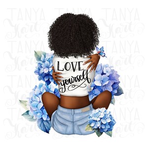 Self Care and Love Yourself druckbare Aufkleber für Frauen Sublimation mit inspirierenden Zitaten, Black Girl Power PNG, Woman Empowerment
