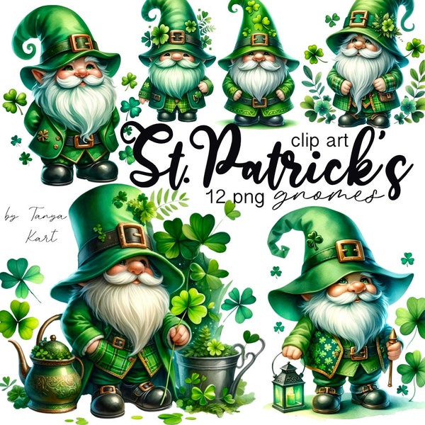 St. Patrick's Day Gnome Clipart Bundle for Sublimation Design, Digital Scrapbooking & Stickers, Digital Download, Ireland Leprechaun PNG