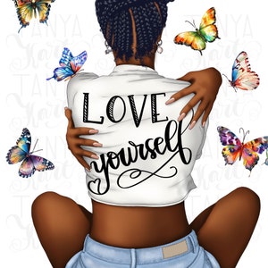 May include: Illustration of a person with dark skin embracing themself, wearing a white shirt with "LOVE yourself" in black script. Colorful butterflies are scattered around the figure against a white background.