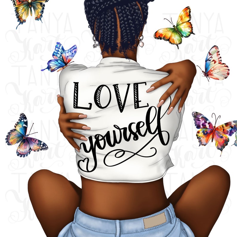 May include: Illustration of a person with dark skin embracing themself, wearing a white shirt with "LOVE yourself" in black script. Colorful butterflies are scattered around the figure against a white background.