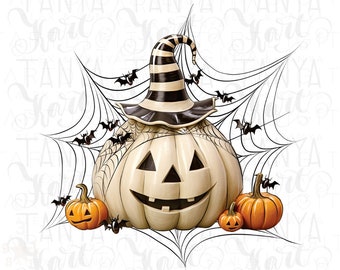 May include: A Halloween illustration featuring a smiling pumpkin wearing a black and white striped witch's hat. The pumpkin is surrounded by a spiderweb and bats, with three orange pumpkins at the base.