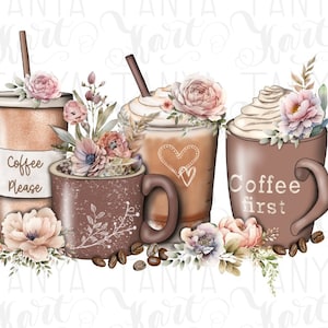 Café y flores (PNG) para sublimación, flores de primavera, imagen "Por favor, café", dibujo a mano imprimible, amante del café (PNG), tazas de café marrones