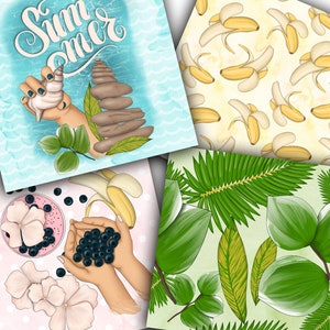 May include: A collage of four images featuring summer themes. The top left image features the word "Summer" in blue cursive writing on a blue and white background. The top right image features a yellow background with a repeating pattern of bananas. The bottom left image features a pink background with white polka dots and a bowl of blueberries. The bottom right image features a green background with a repeating pattern of palm leaves.