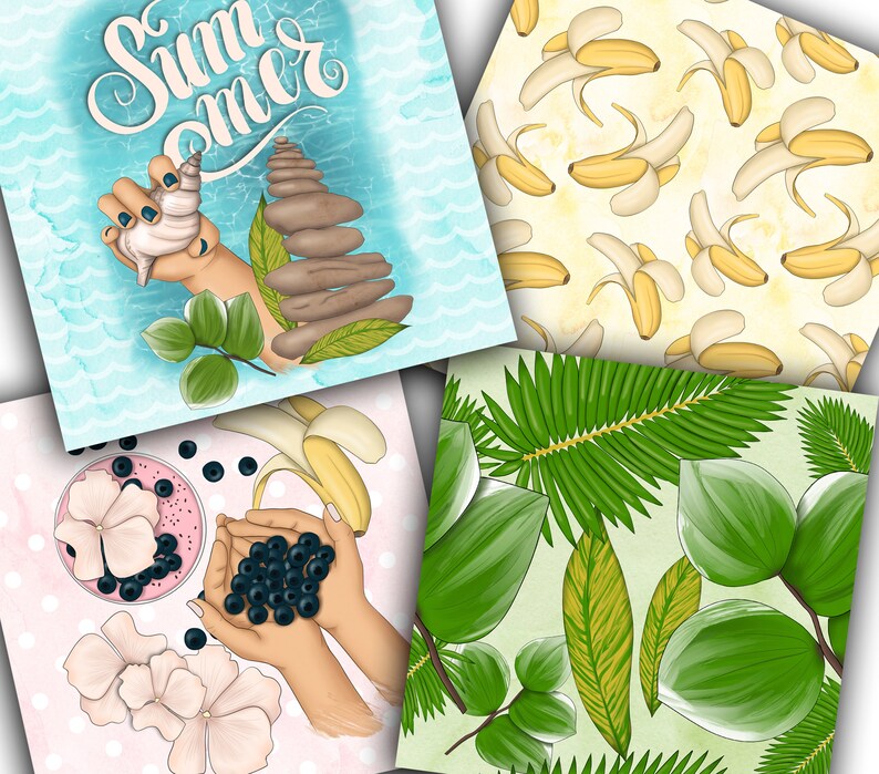 May include: A collage of four images featuring summer themes. The top left image features the word "Summer" in blue cursive writing on a blue and white background. The top right image features a yellow background with a repeating pattern of bananas. The bottom left image features a pink background with white polka dots and a bowl of blueberries. The bottom right image features a green background with a repeating pattern of palm leaves.