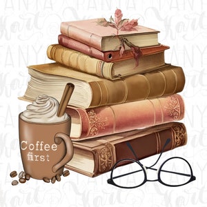 Descarga digital de diseño vintage de café y libros, PNG, amante de los libros, imagen de libros antiguos, gráfico de libros, ilustración de diseño
