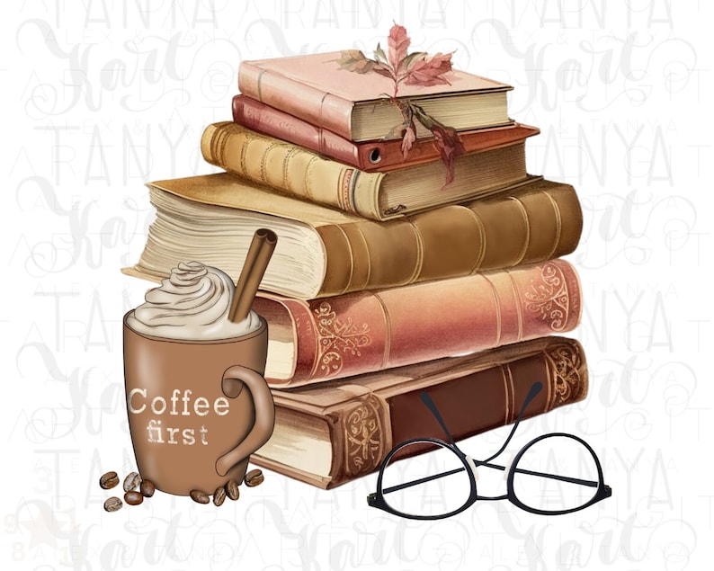 A stack of vintage books in shades of brown and pink, topped with a fall leaf. A brown mug with the text "Coffee first" and a cinnamon stick, plus a pair of round black glasses complete the cozy scene.
