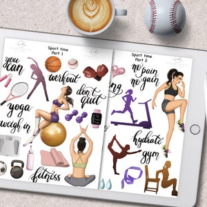 Puede incluir: Un conjunto de pegatinas digitales para planificadores con ilustraciones de mujeres haciendo ejercicio, equipos de fitness y frases motivacionales como "you can", "workout", "don't quit", "no pain no gain", "hydrate" y "fitness".