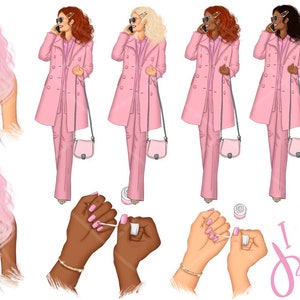 May include: Illustration of five women in pink suits and coats, with pink purses and sunglasses. Two hands are shown painting nails pink. The text "I love pink" is written in pink cursive.