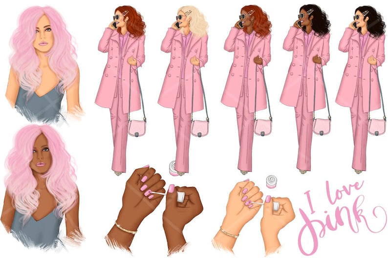 May include: Illustration of five women in pink suits and coats, with pink purses and sunglasses. Two hands are shown painting nails pink. The text "I love pink" is written in pink cursive.