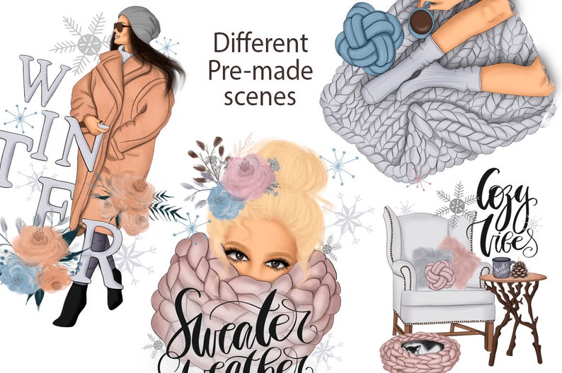 Winter Fashion Girls Clipart Bundle | Cozy Sweater Weather, Fashion Illustration, Digital Download for Commercial Use, January Clipart Set