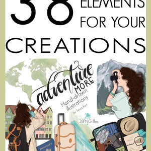 May include: A set of 38 travel-themed digital illustrations, including a woman with a backpack, a suitcase, a passport, a world map, and a woman taking a photo. The illustrations are hand-drawn and perfect for creating travel-themed projects.