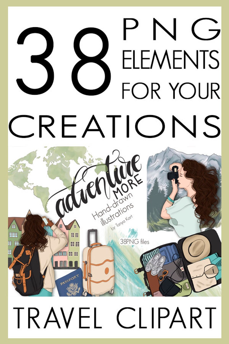 May include: A set of 38 travel-themed digital illustrations, including a woman with a backpack, a suitcase, a passport, a world map, and a woman taking a photo. The illustrations are hand-drawn and perfect for creating travel-themed projects.
