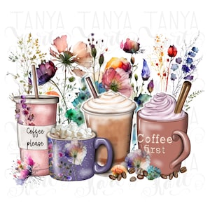 Spring Wildflowers Coffee Cups Png For Sublimation Designs, Spring Flowers, Brown Coffee Cups Please Image, Hand Drawn Coffee Lover Png