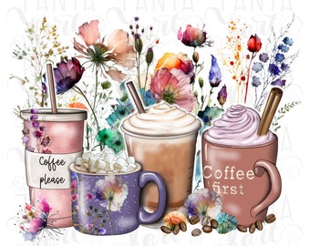 Spring Wildflowers Coffee Cups Png For Sublimation Designs, Spring Flowers, Brown Coffee Cups Please Image, Hand Drawn Coffee Lover Png